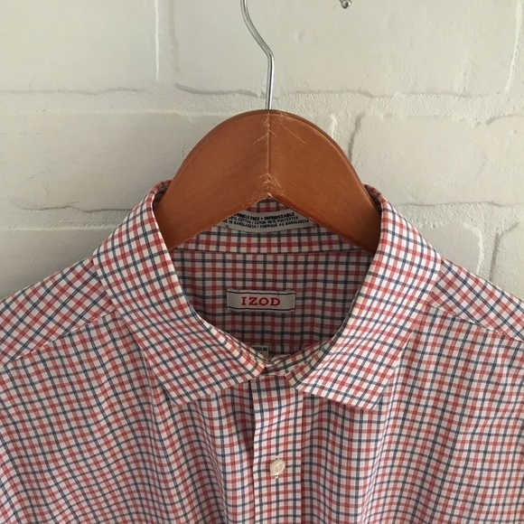 Izod Men’s Button down shirt Plaid Longsleeve Red Navy White Sz 16 1/2 - Picture 6 of 7